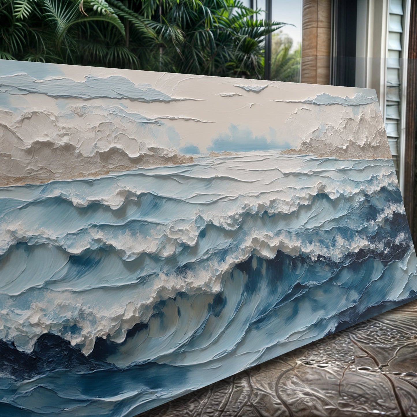 Ocean Embrace Wall Art canvas with textured ocean-blue layers Tailored Canvases on Tampa Home & Garden Store