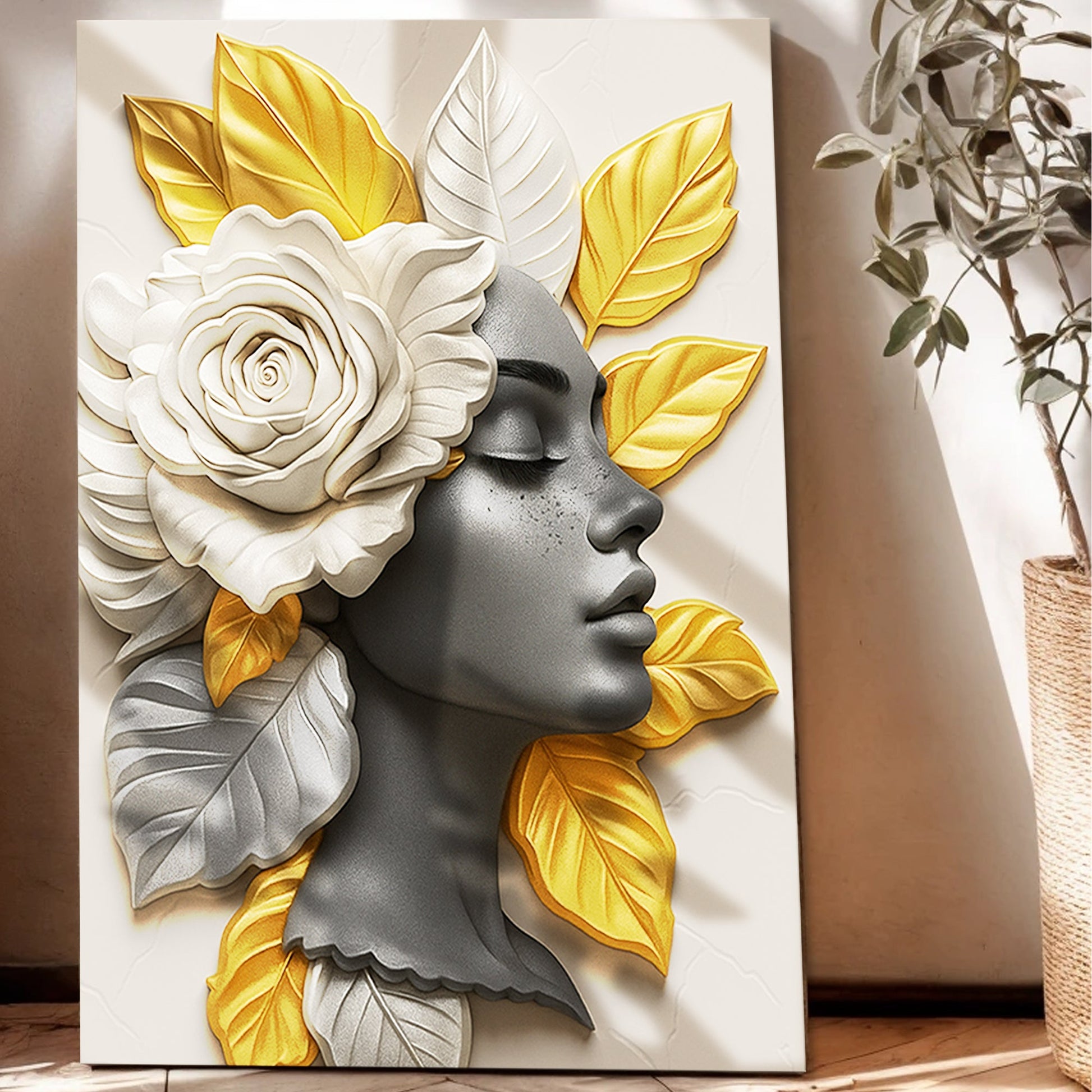 Floral Majesty Wall Art III canvas with white bloom and yellow leaves by Tailored Canvases on Tampa Home & Garden Store