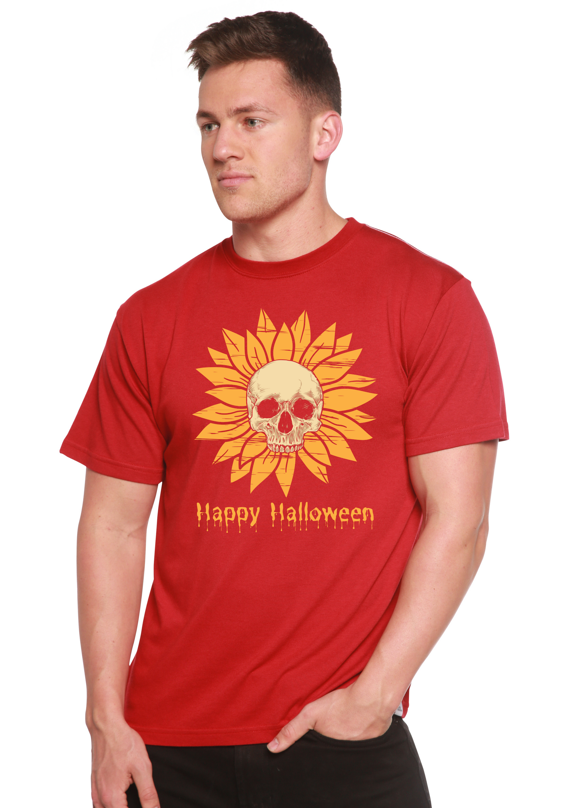 Men's red bamboo viscose/organic cotton graphic T-shirt featuring orange skull within a sunflower Happy Halloween print on Tampa Home & Garden Store