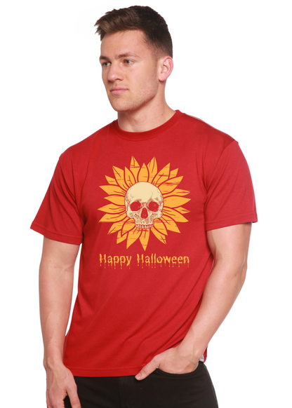 Men's red bamboo viscose/organic cotton graphic T-shirt featuring orange skull within a sunflower Happy Halloween print on Tampa Home & Garden Store