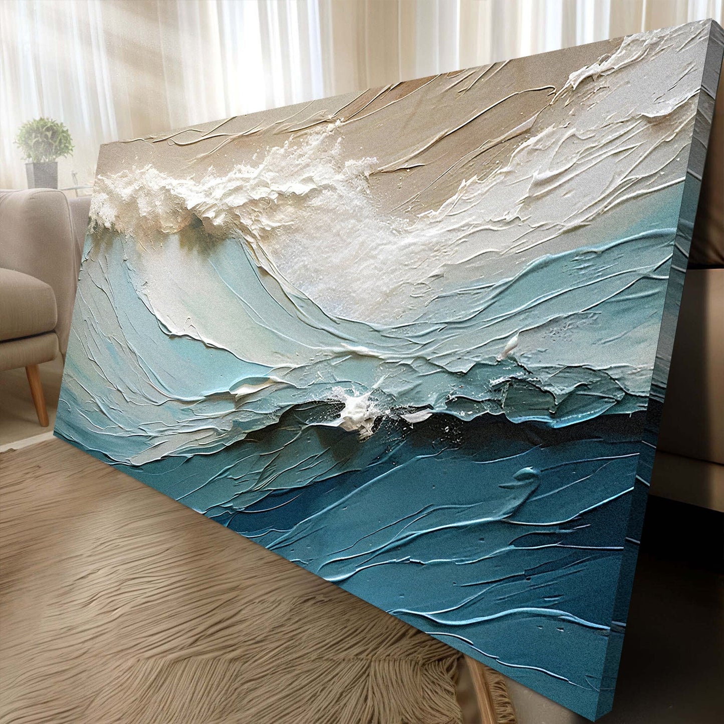 Beige minimalist wall art canvas with textured sea-blue waves by Tailored Canvases on Tampa Home & Garden Store