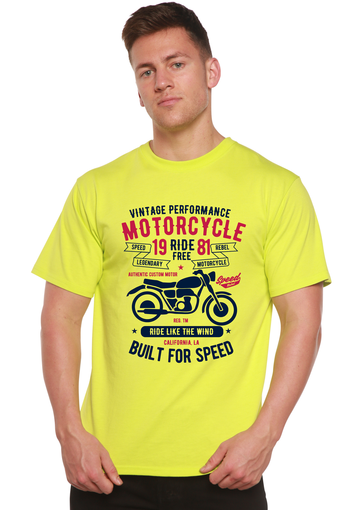 Motorcycle Ride Free men's neon yellow bamboo viscose/organic cotton printed T-shirt on Tampa Home & Garden Store