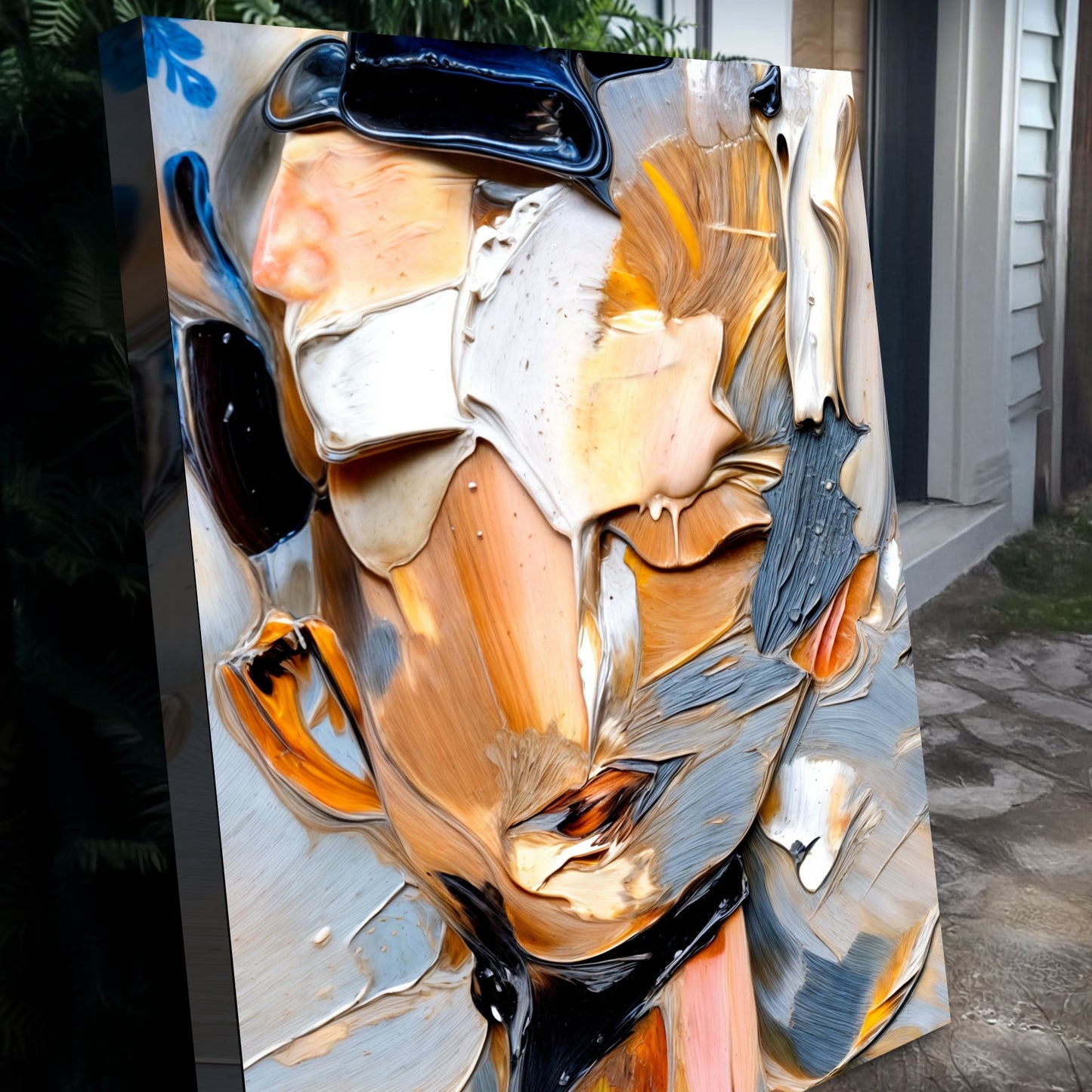 Beyond The Face abstract canvas by Tailored Canvases with bold cream, orange and black swirls on Tampa Home & Garden Store