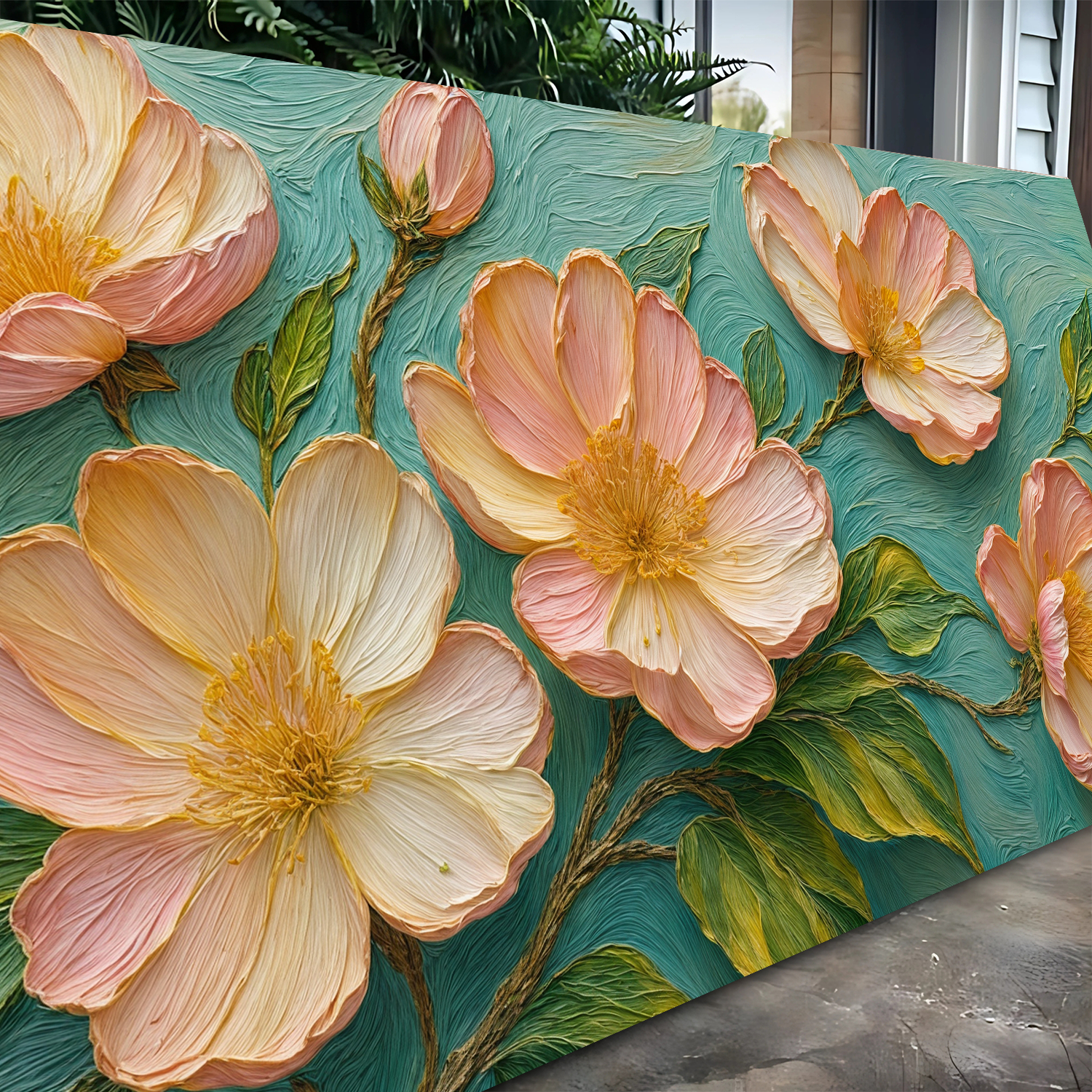 Blossoms Serenade Canvas by Tailored Canvases with pink peach blooms on teal background on Tampa Home & Garden Store
