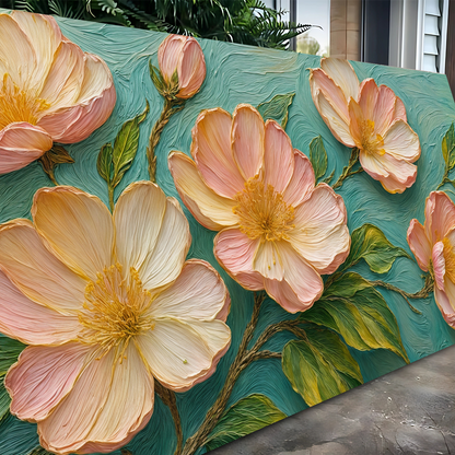 Blossoms Serenade Canvas by Tailored Canvases with pink peach blooms on teal background on Tampa Home & Garden Store