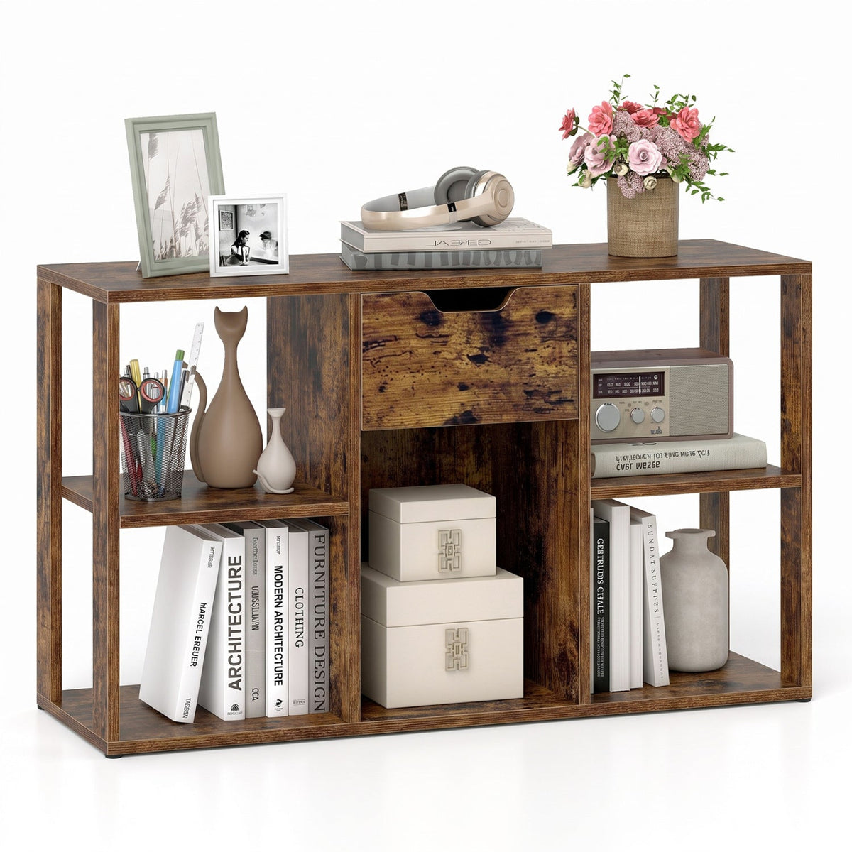 5-Cube Bookcase with Storage Drawer rustic brown by DirectDeals; central drawer top decor items on Tampa Home & Garden Store