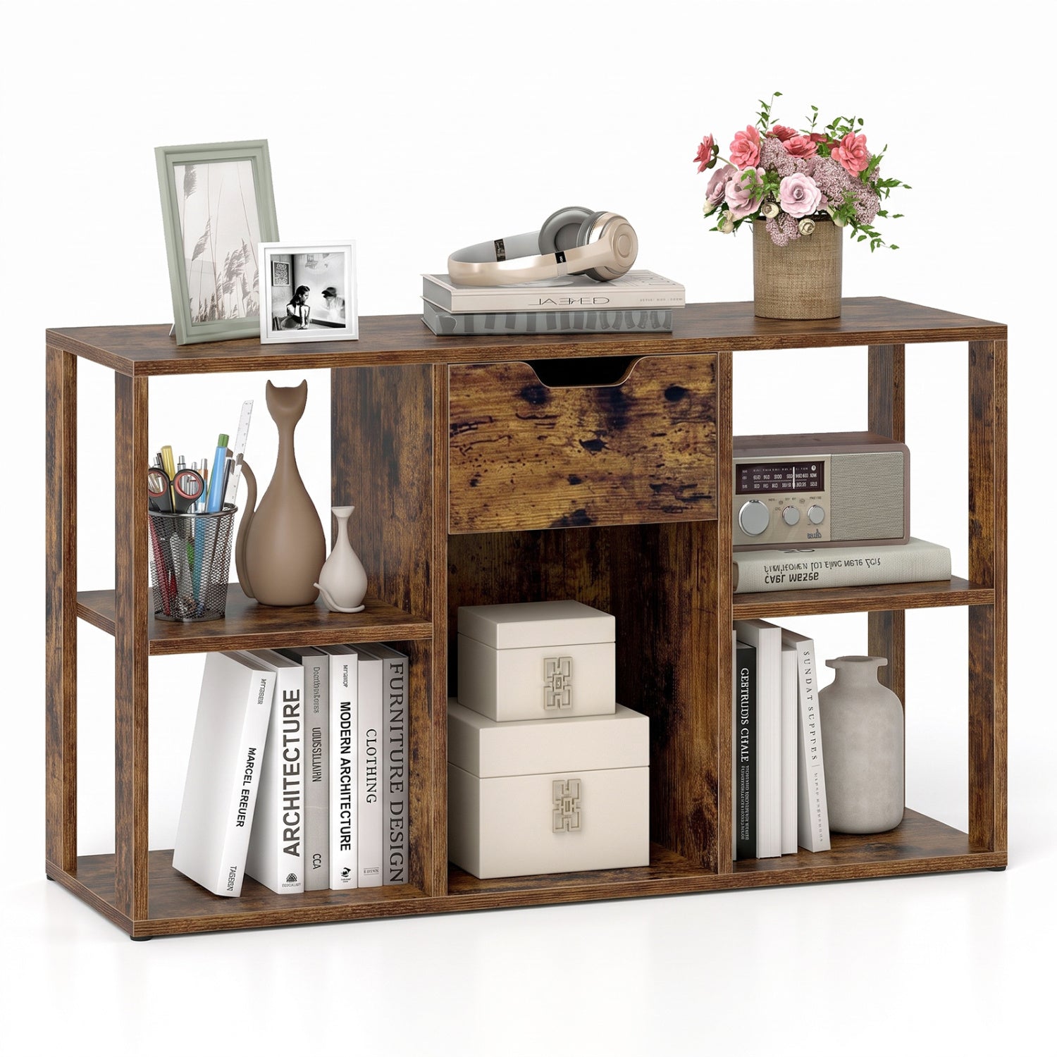 5-Cube Bookcase with Storage Drawer rustic brown by DirectDeals; central drawer top decor items on Tampa Home & Garden Store