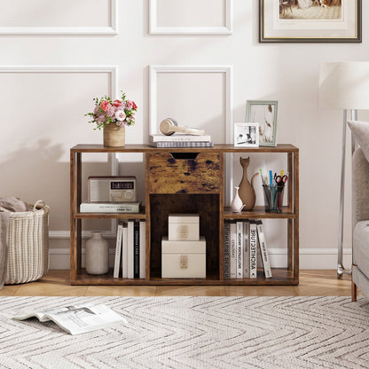5-Cube Bookcase with Storage Drawer in rustic brown wood with decorative items on top on Tampa Home & Garden Store