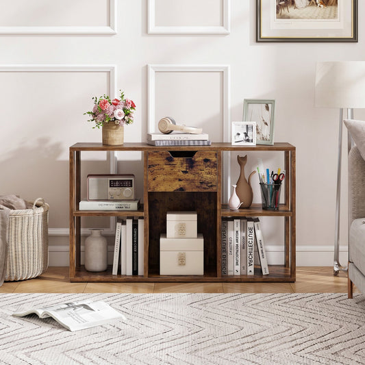 5-Cube Bookcase with Storage Drawer in rustic brown wood with decorative items on top on Tampa Home & Garden Store