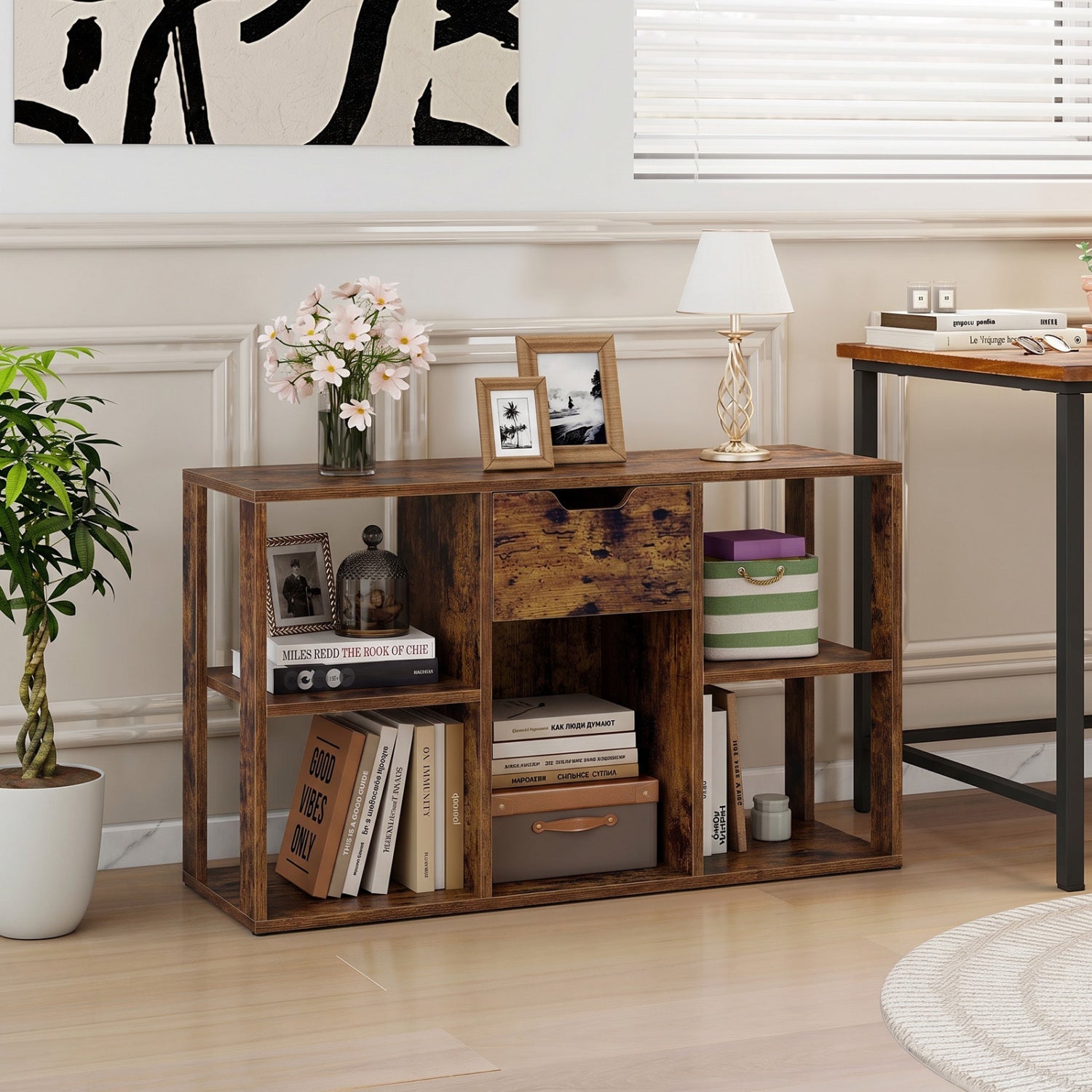 5-Cube Bookcase with Storage Drawer in rustic brown wood finish with central drawer and open cubbies on Tampa Home & Garden Store