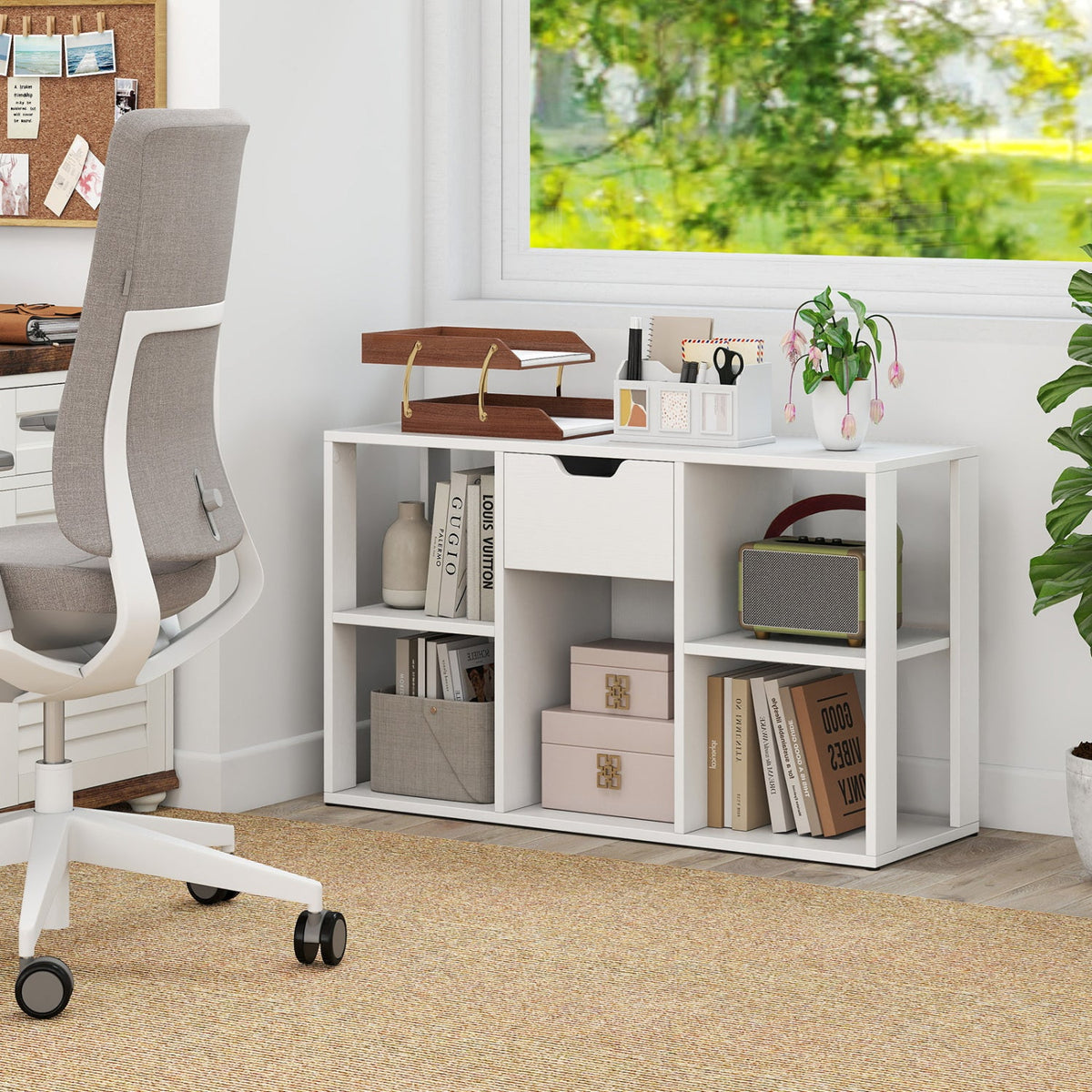 White 5-Cube Bookcase with Storage Drawer and rustic brown wood tray on top on Tampa Home & Garden Store