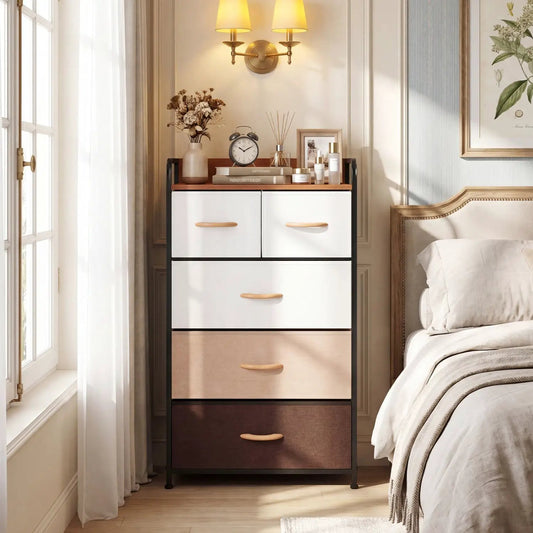 DirectDeals 5-Drawer Fabric Dresser with Removable Bins, white fabric drawers on black frame on Tampa Home & Garden Store