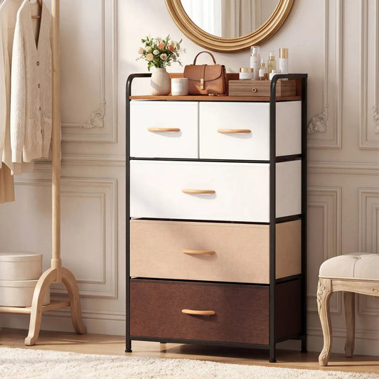 5-Drawer Fabric Dresser with removable bins DirectDeals black metal frame white fabric fronts on Tampa Home & Garden Store