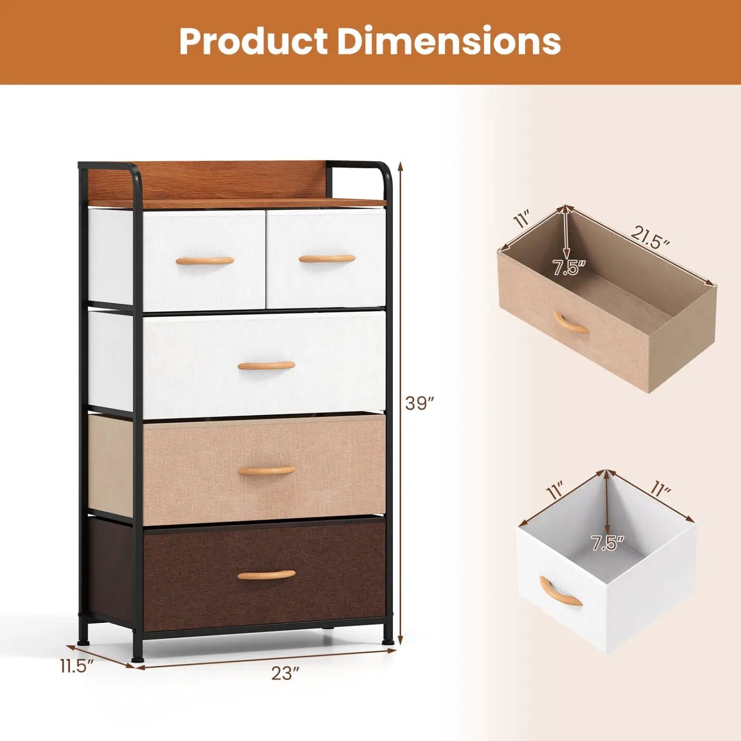 Five Drawer Fabric Dresser with Removable Bins