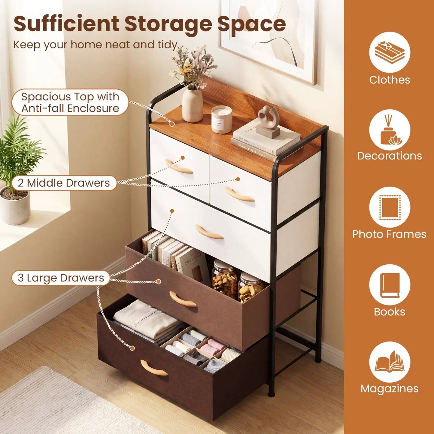 Five Drawer Fabric Dresser with Removable Bins