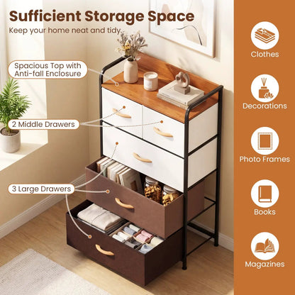 Five Drawer Fabric Dresser with Removable Bins