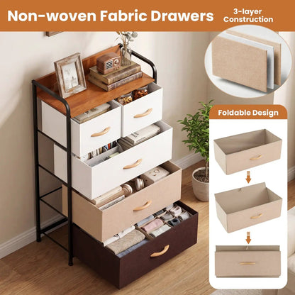 Five Drawer Fabric Dresser with Removable Bins