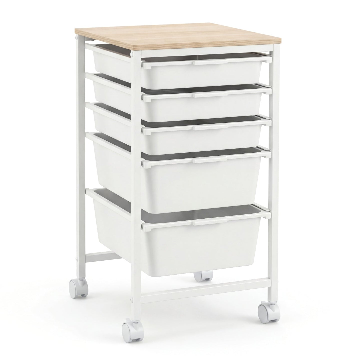 5-Drawer Rolling Storage Cart Mobile Utility Organizer with Wooden Tabletop and Lockable Wheels-White