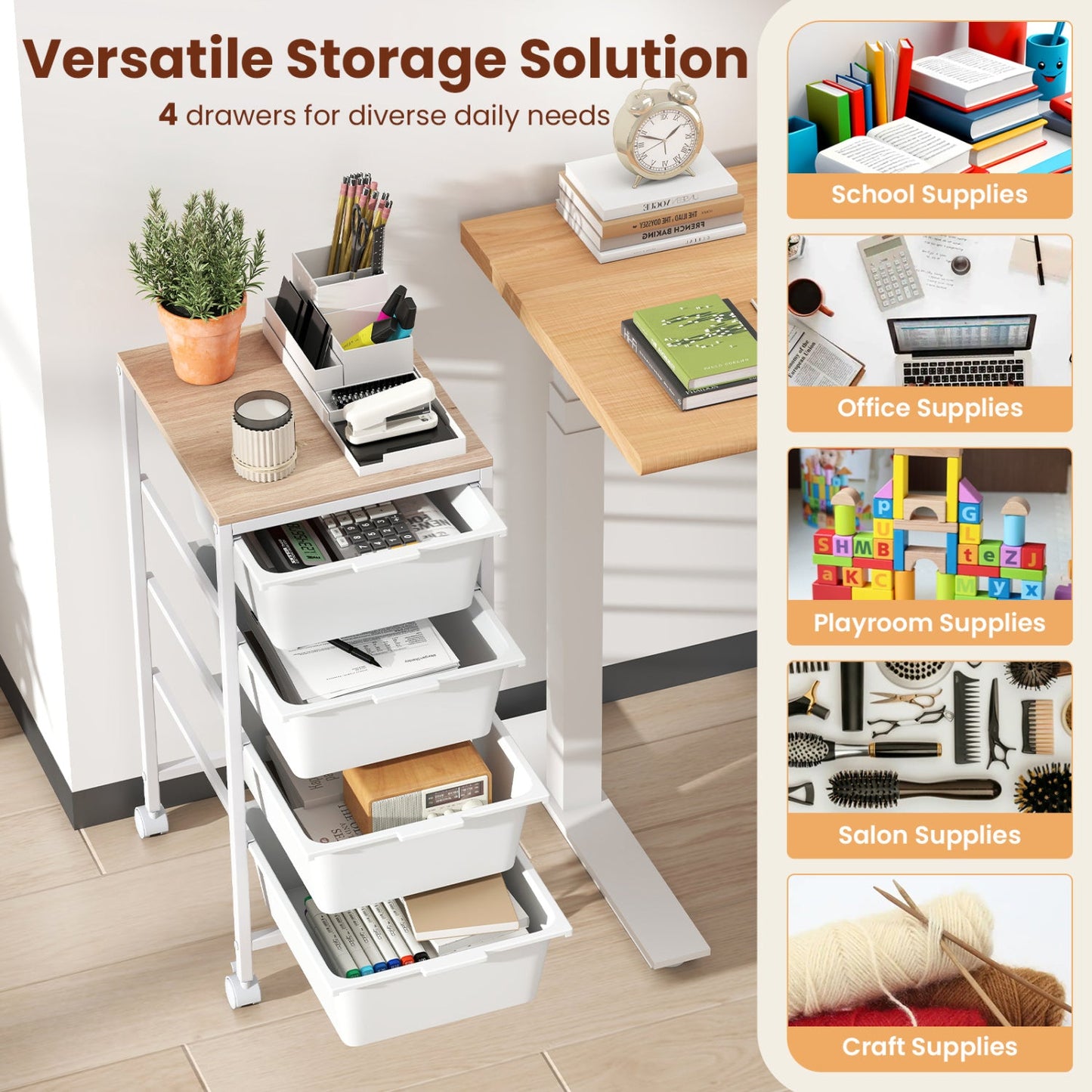 5-Drawer Rolling Storage Cart Mobile Utility Organizer with Wooden Tabletop and Lockable Wheels-White