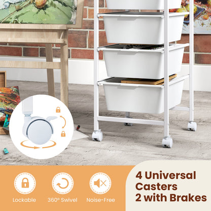 5-Drawer Rolling Storage Cart Mobile Utility Organizer with Wooden Tabletop and Lockable Wheels-White