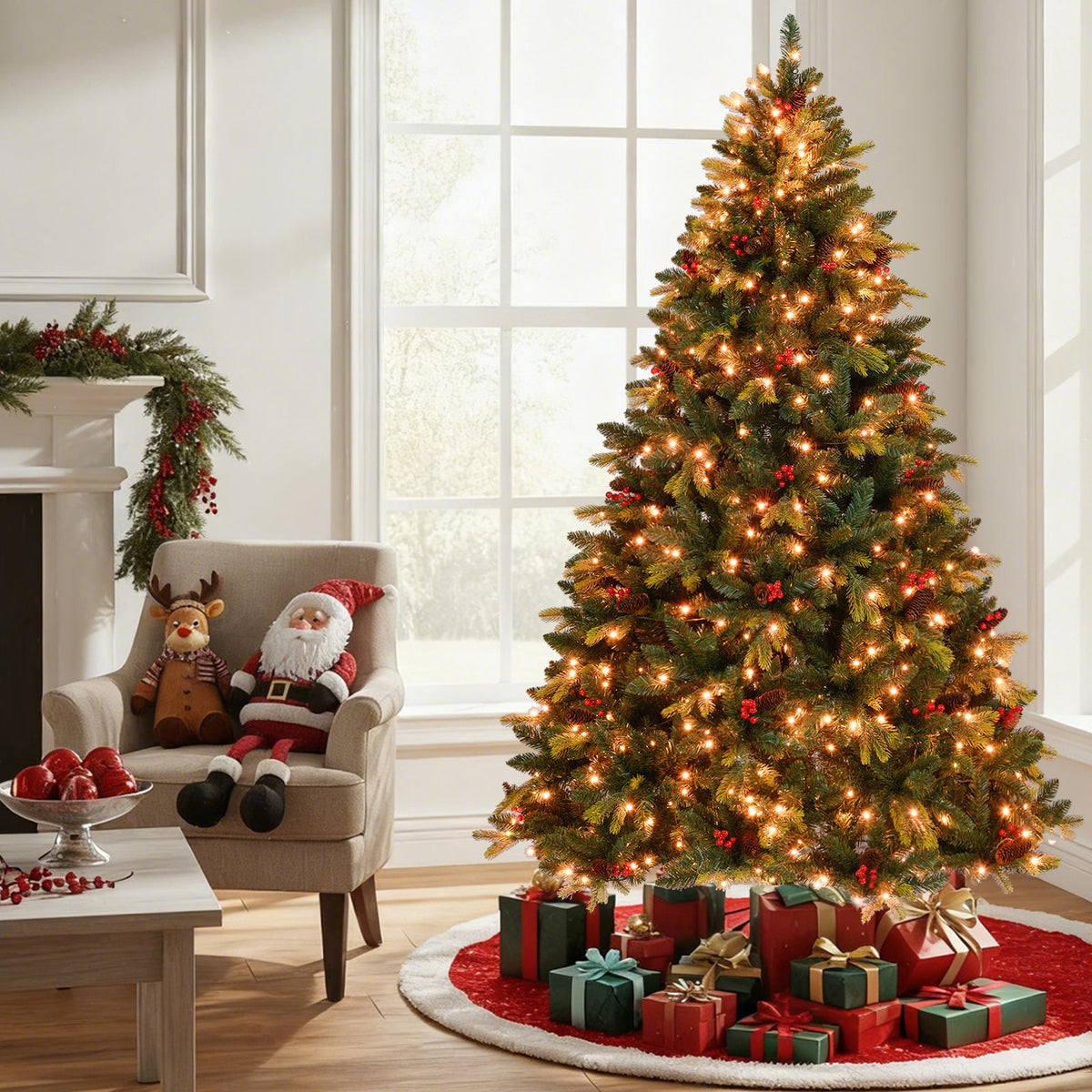 5/6/7/8 ft artificial Christmas tree with LED lights and remote app control, red berries on Tampa Home & Garden Store