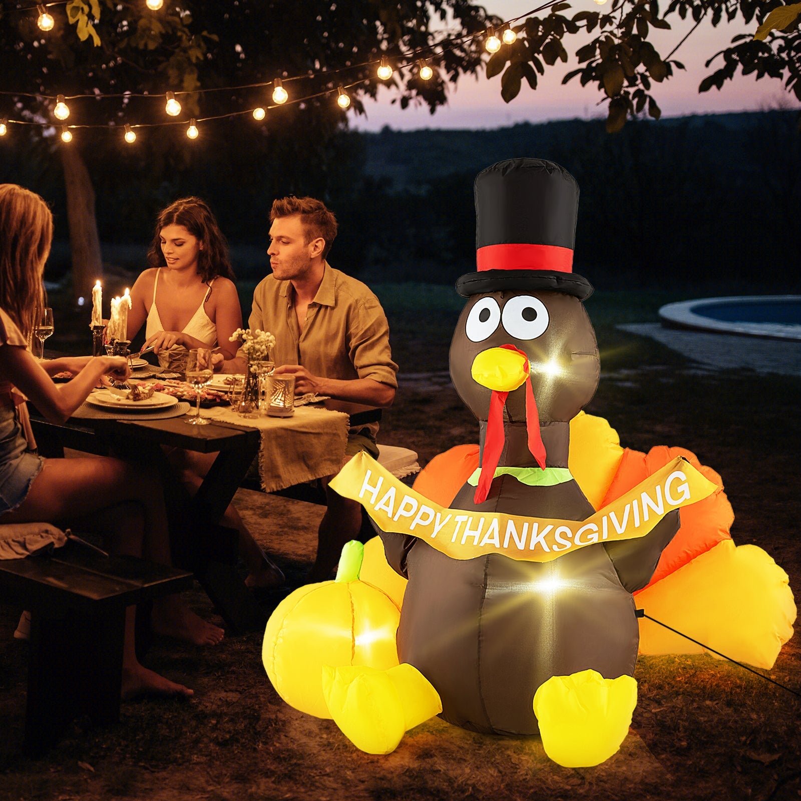 5 ft dark gray inflatable turkey with pumpkin and LED lights by DirectDeals for party decor on Tampa Home & Garden Store