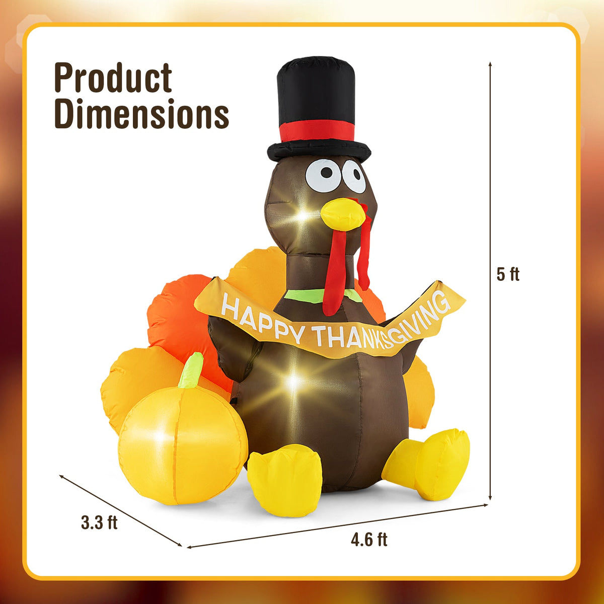 DirectDeals 5 ft inflatable turkey with pumpkin and LED lights, top hat for indoor party on Tampa Home & Garden Store
