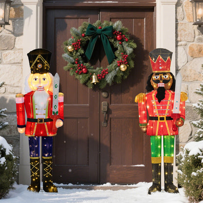 Two 5 ft lighted Christmas Nutcrackers by DirectDeals with glitter swords for outdoor decor on Tampa Home & Garden Store