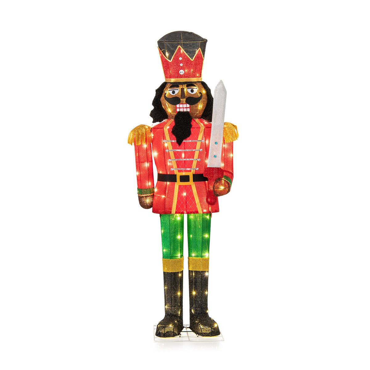 5 ft lighted Christmas nutcracker with glitter sword in red coat and green pants outdoor on Tampa Home & Garden Store