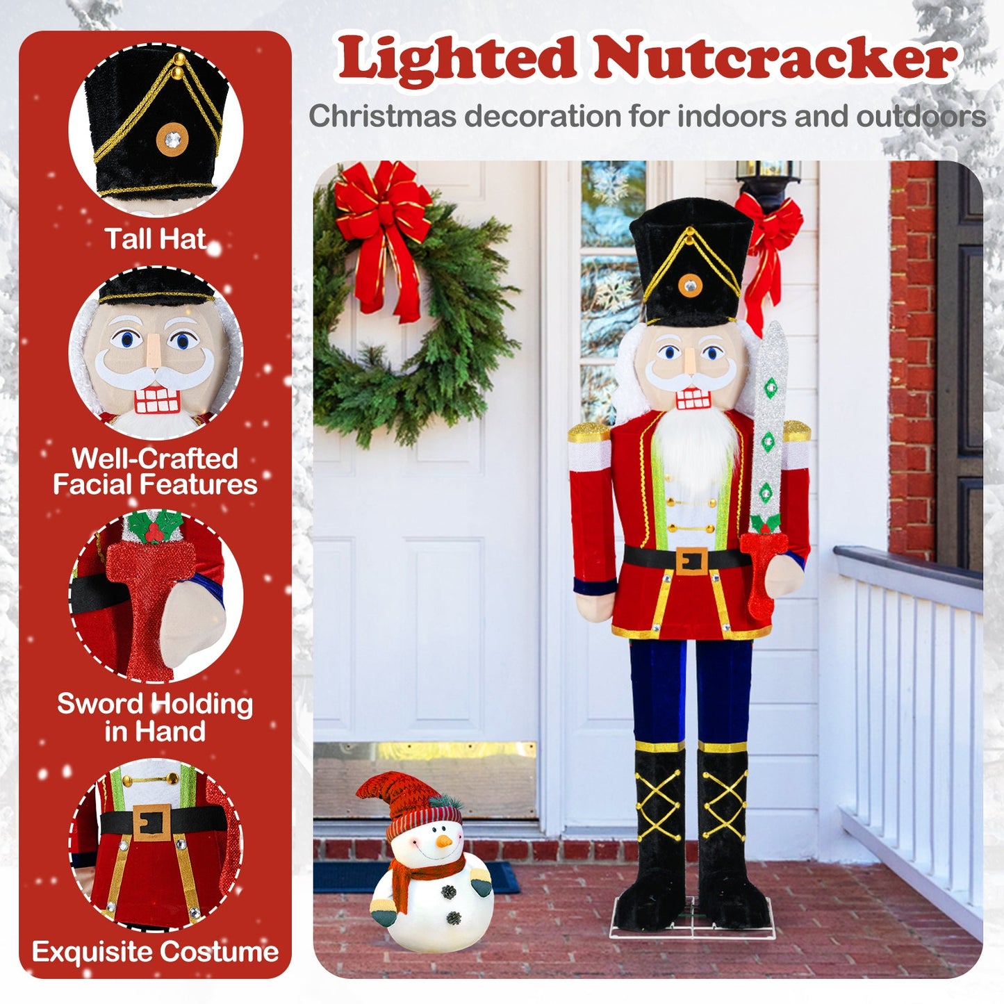 5 ft Christmas Nutcracker Outdoor Decoration with Glitter Sword, tall black hat, red and gold costume on Tampa Home & Garden Store
