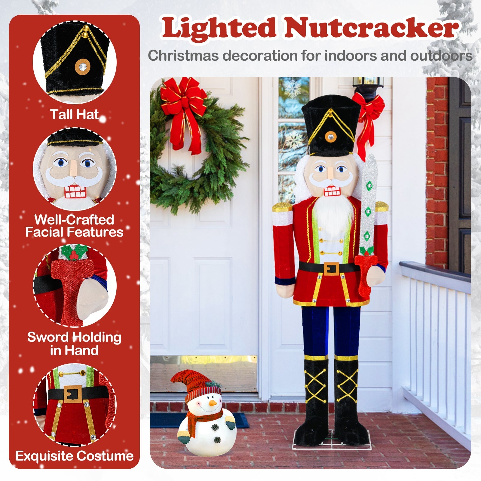 5 ft Christmas Nutcracker Outdoor Decoration with Glitter Sword, tall black hat, red and gold costume on Tampa Home & Garden Store