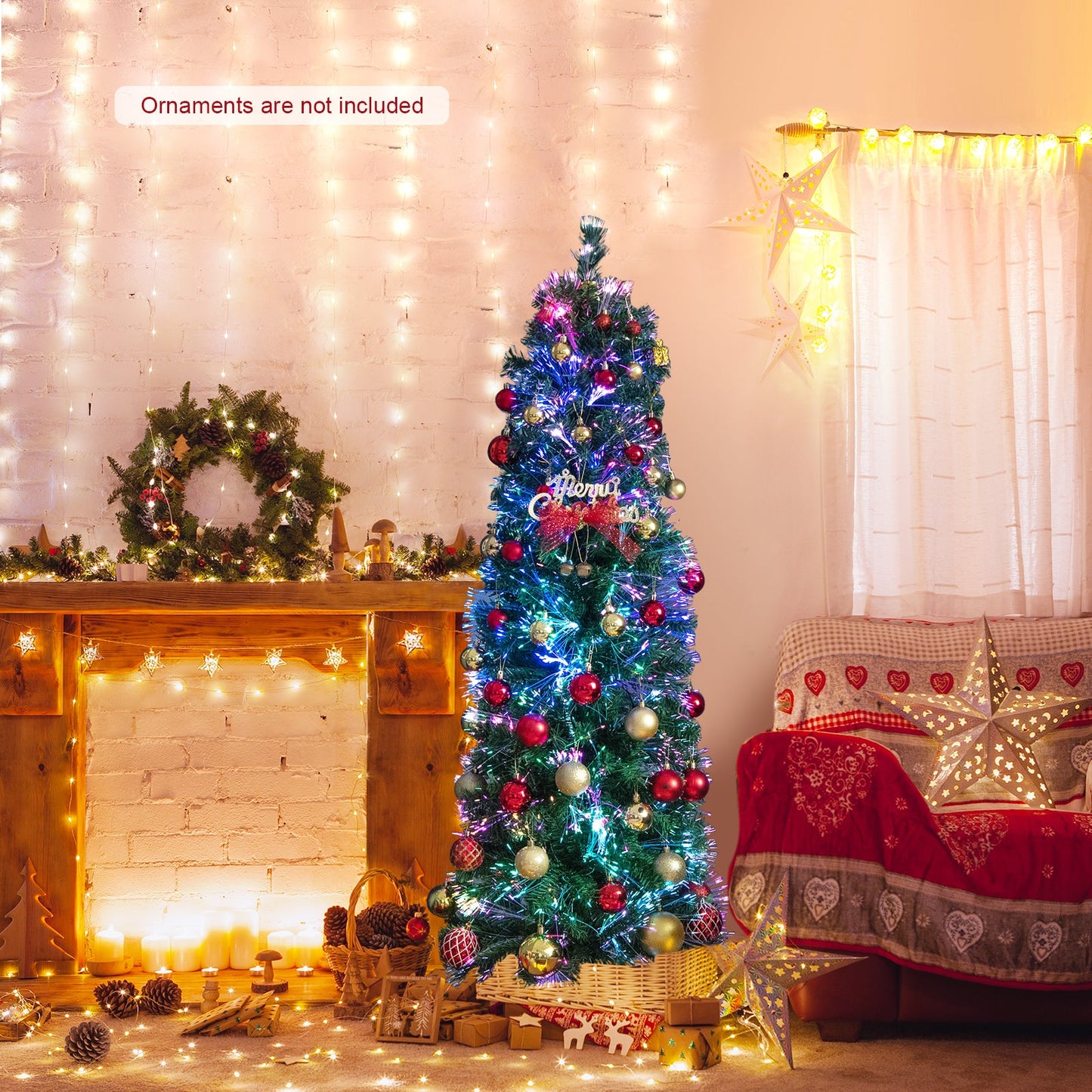 Árbol de Navidad con luces de fibra óptica, preiluminado, delgado, verde, 5/6/7/8 pies - 5 pies