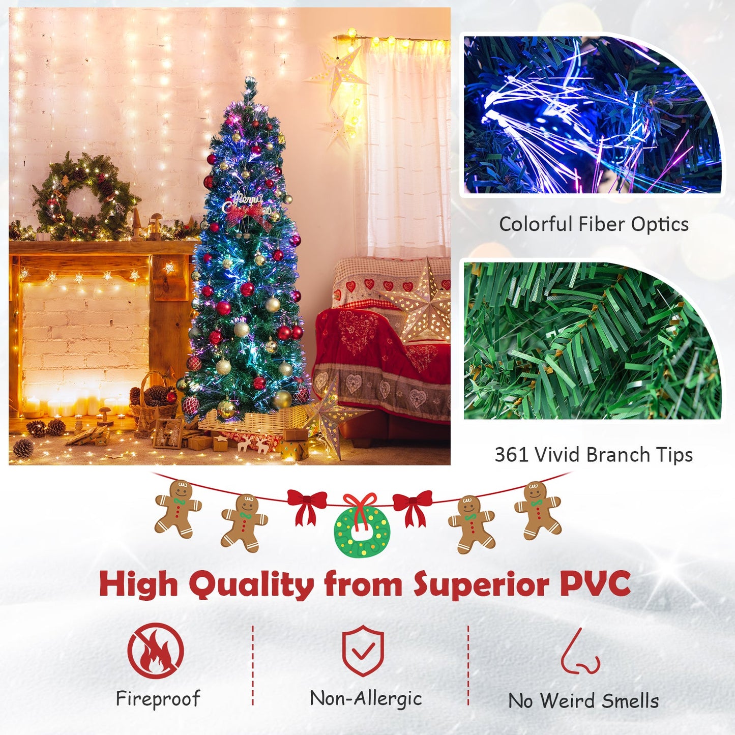 Árbol de Navidad con luces de fibra óptica, preiluminado, delgado, verde, 5/6/7/8 pies - 5 pies