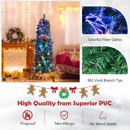 Árbol de Navidad con luces de fibra óptica, preiluminado, delgado, verde, 5/6/7/8 pies - 5 pies