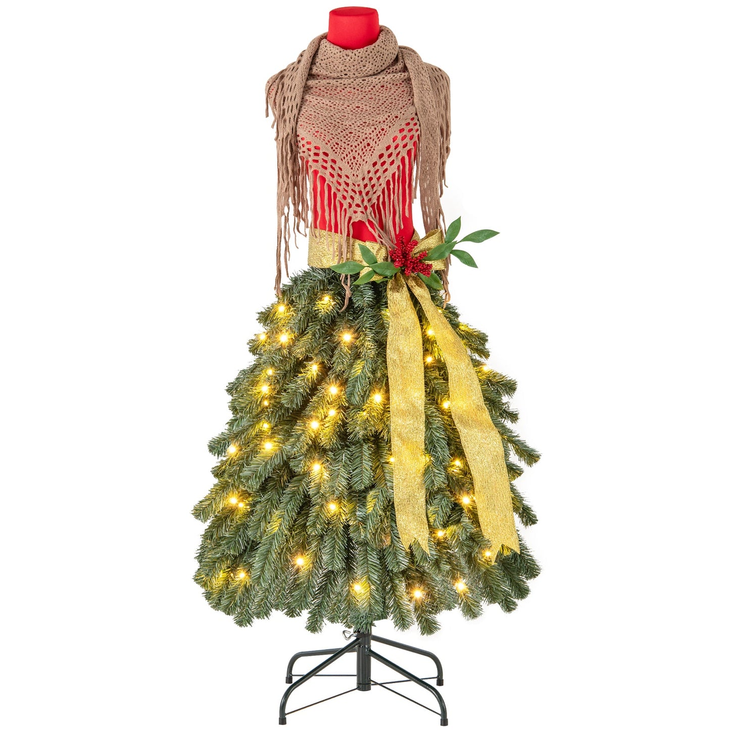 5 ft pre-lit mannequin Christmas tree dress form with red torso and beige fringed scarf on a metal stand on Tampa Home & Garden Store