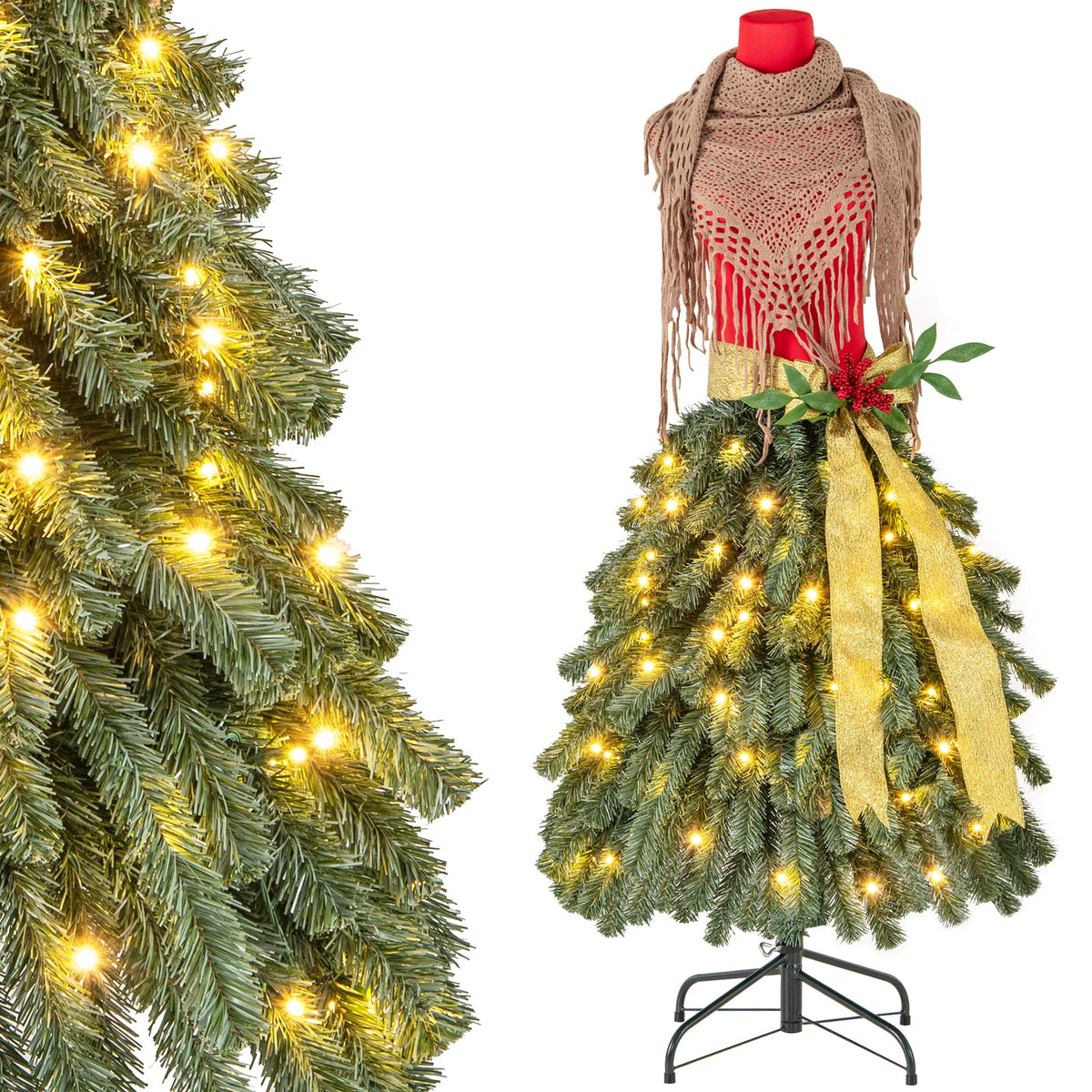 DirectDeals 5 ft pre-lit mannequin Christmas tree dress form with beige shawl on a lit evergreen on Tampa Home & Garden Store