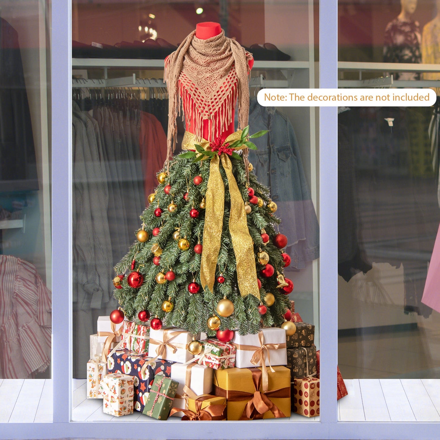 5 ft DirectDeals pre-lit mannequin Christmas tree dress form with scarf and gold ribbon ornaments on Tampa Home & Garden Store