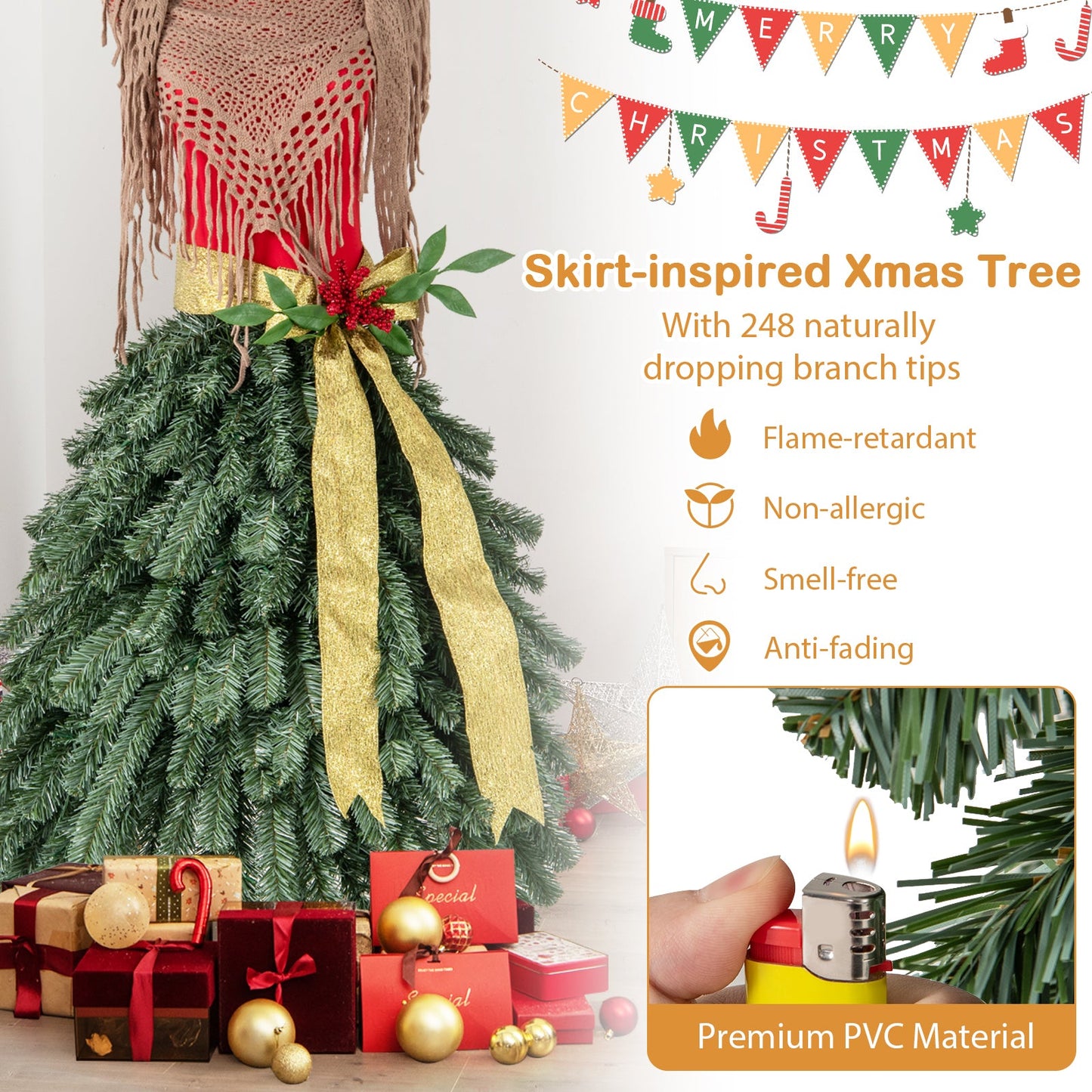 5 ft artificial Christmas tree with beige skirt wrap and gold ribbon bow beside gift boxes at base on Tampa Home & Garden Store