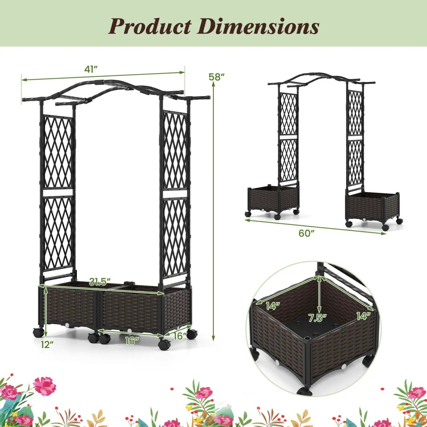 5 Ft Self-Watering Planter Boxes with Lattice