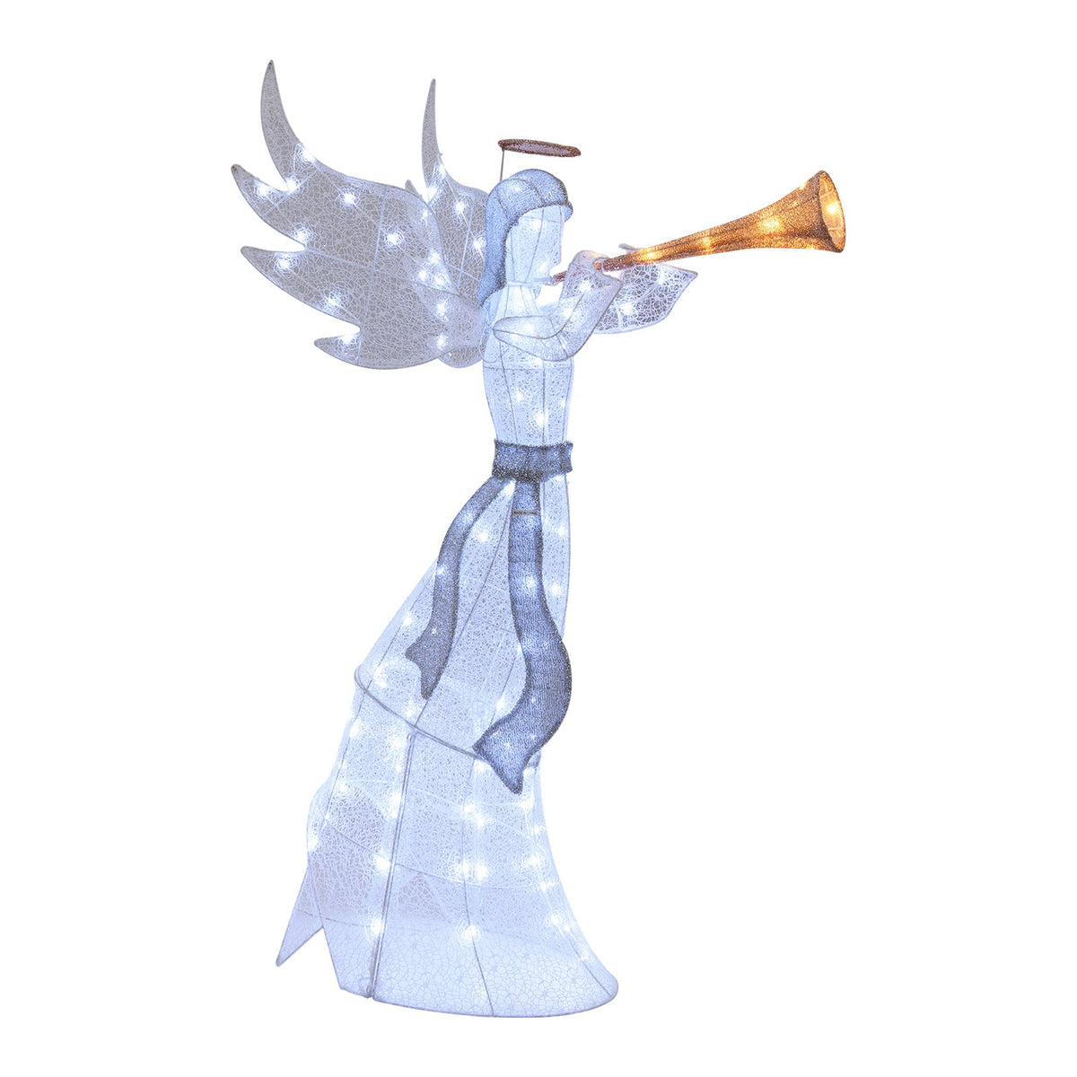 5 Feet Christmas Angel with 100 LED Lights, blue-white mesh gown, trumpet, ground stakes on Tampa Home & Garden Store