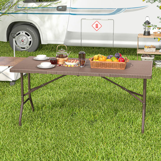 5FT Folding Picnic Table with Rattan Grain HDPE Tabletop and Sturdy Metal Fame-Coffee - Tampa Home & Garden Store