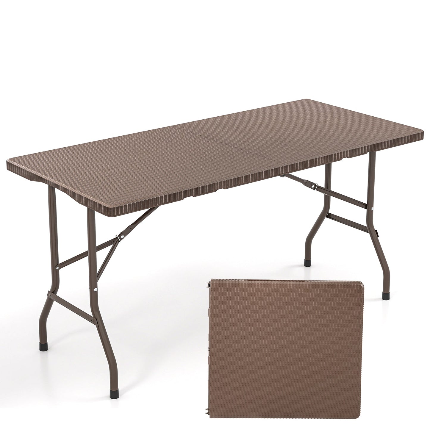 Mesa de picnic plegable de 5 pies con tablero de polietileno de alta densidad (HDPE) con acabado de ratán y estructura de metal resistente - Café