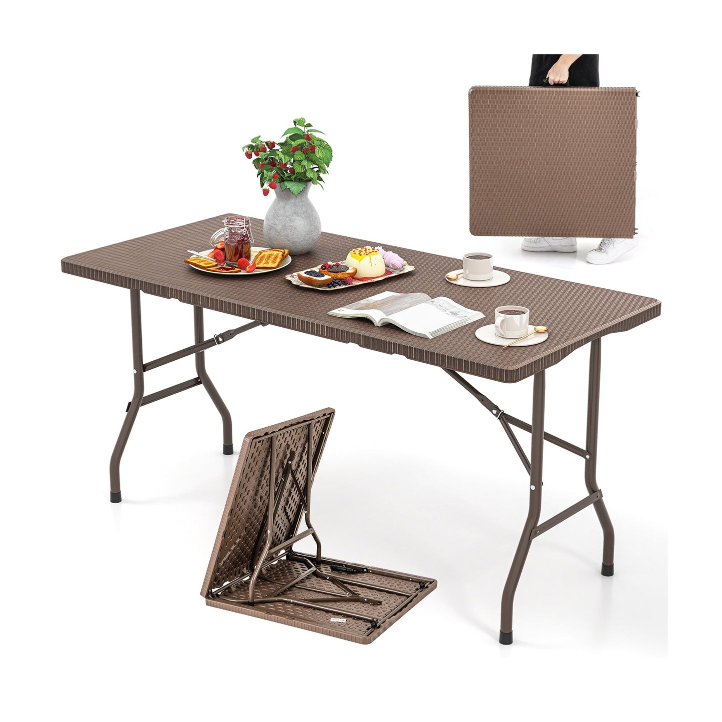 Mesa de picnic plegable de 5 pies con tablero de polietileno de alta densidad (HDPE) con acabado de ratán y estructura de metal resistente - Café