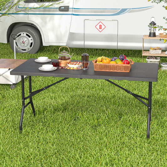 5FT Folding Picnic Table with Wood Grain HDPE Tabletop and  Non-slip Foot Pads-Black - Tampa Home & Garden Store