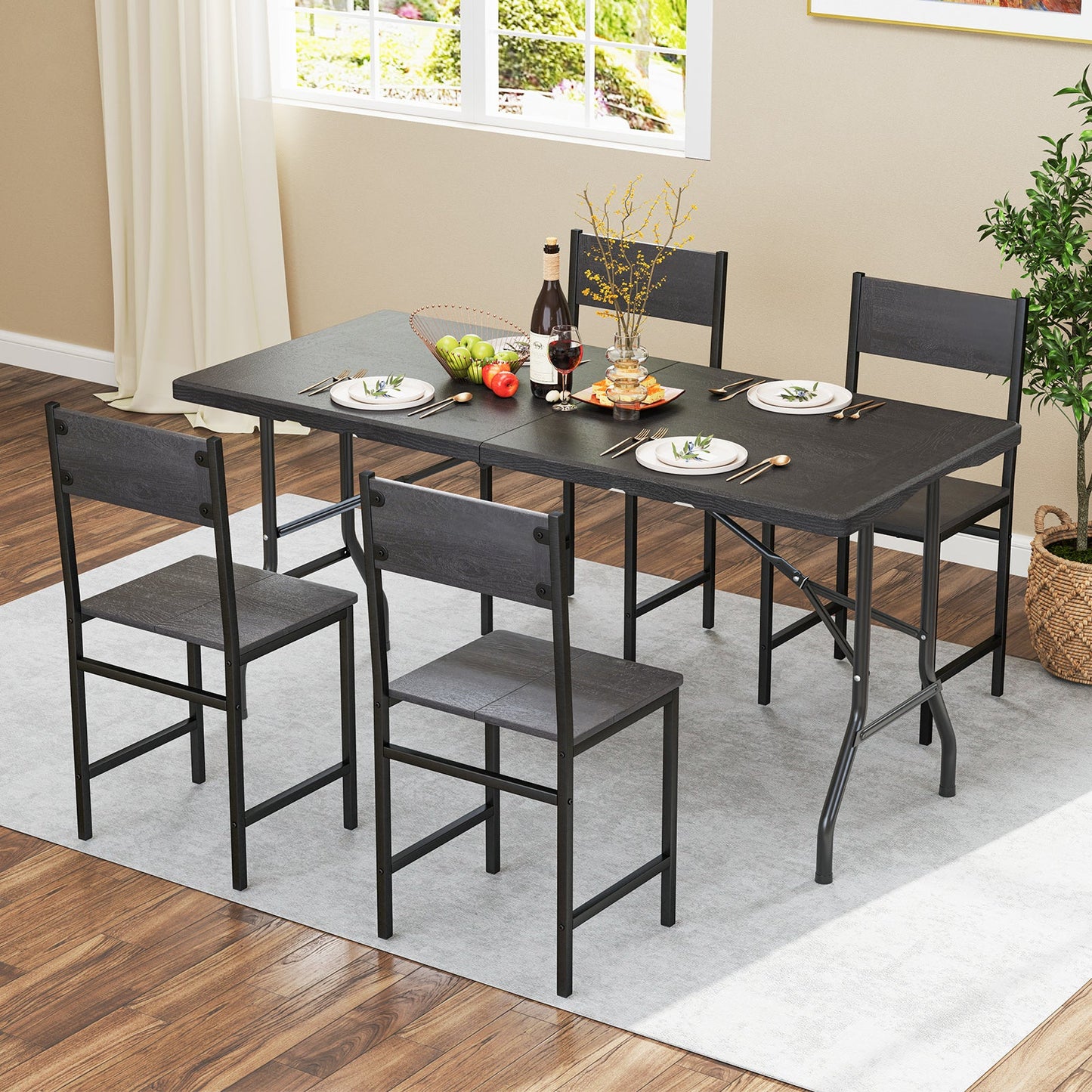 Mesa de picnic plegable de 5 pies con tablero de HDPE veteado y almohadillas antideslizantes - Negra