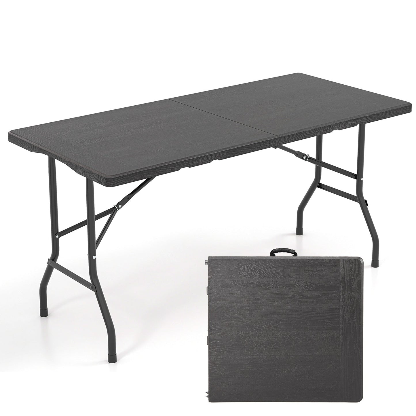 Mesa de picnic plegable de 5 pies con tablero de HDPE veteado y almohadillas antideslizantes - Negra