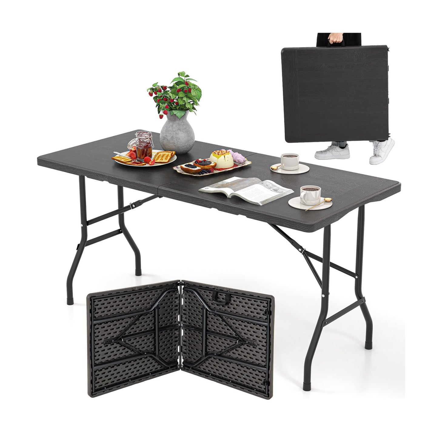 Mesa de picnic plegable de 5 pies con tablero de HDPE veteado y almohadillas antideslizantes - Negra