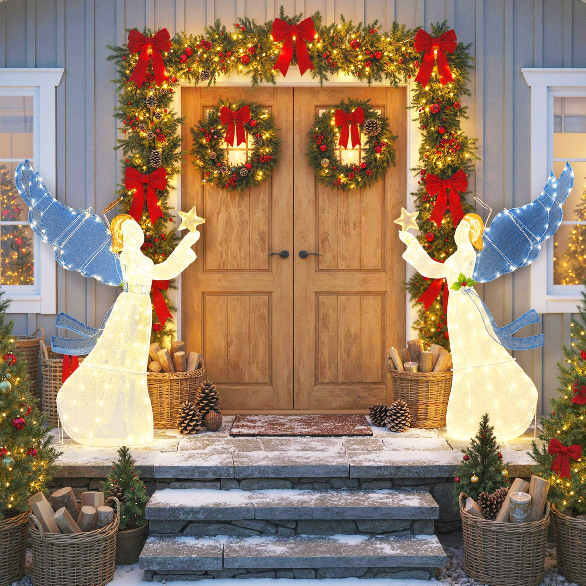 5 Feet Lighted Angel Christmas Decoration with Wings, two white angels with blue wings, warm LED lights on Tampa Home & Garden Store