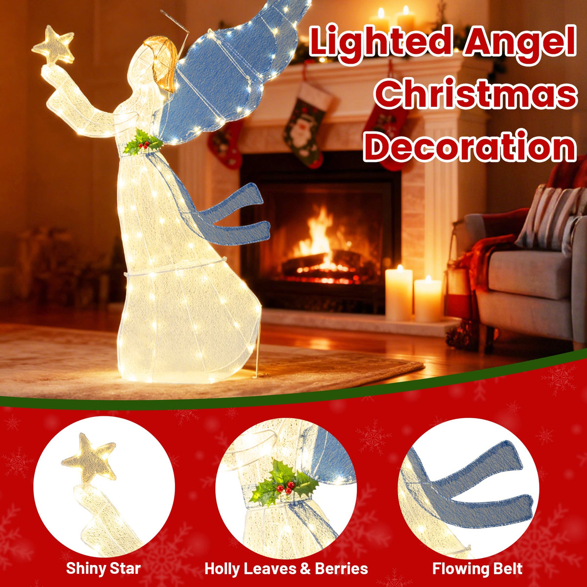 5 ft lighted angel Christmas decoration with blue wings and warm LED lights on Tampa Home & Garden Store