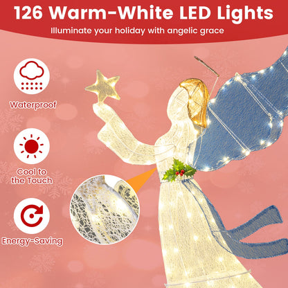 5 ft lighted angel Christmas decoration with white gown and blue cape, warm LED lights on Tampa Home & Garden Store